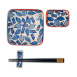 Set 2 piattini + 2 ciotoline + bacchette e poggia bacchette fantasia Foglie blu