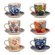 Set 6 tazzine da caffè con piattino abbinato. Decori misti. Capacità 100ml.
