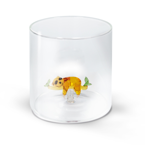 Bicchiere in vetro borosilicato. Capacità 250 ml. Decoro bradipo.