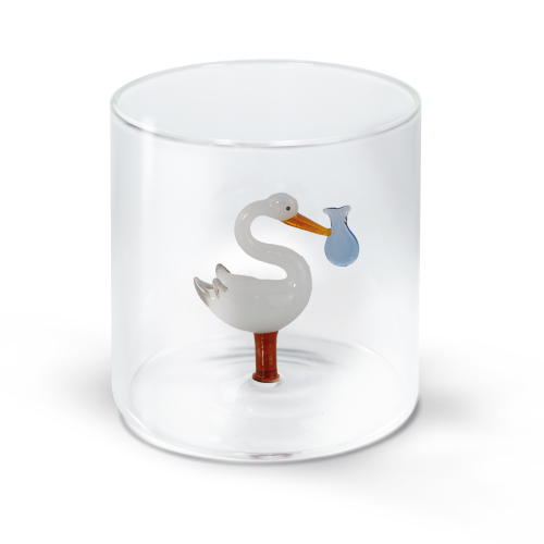 Bicchiere in vetro borosilicato con soggetto in vetro colorato all'interno figura Fagostto blu