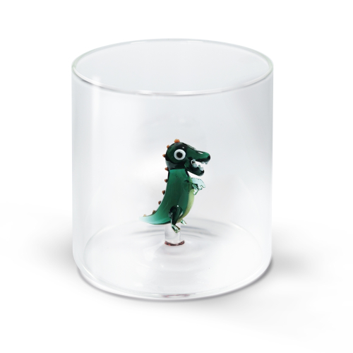Bicchiere in vetro borosilicato con soggetto in vetro colorato all'interno figura Dinosauro