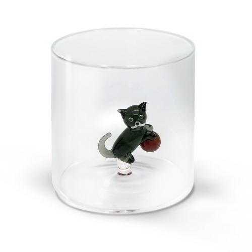 Bicchiere in vetro 250 ml. Decoro GATTO CON GOMITOLO.