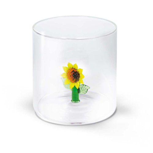 Glass in borosilicate glass. Capacity 250 ml. Sunflower decoration.