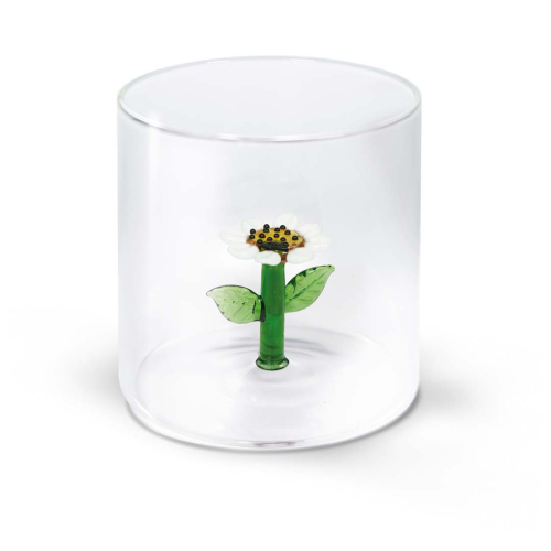 Glass in borosilicate glass. Capacity 250 ml. Daisy decoration.