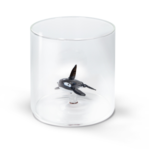 Bicchiere in vetro borosilicato. Capacità 250 ml. Decoro orca.