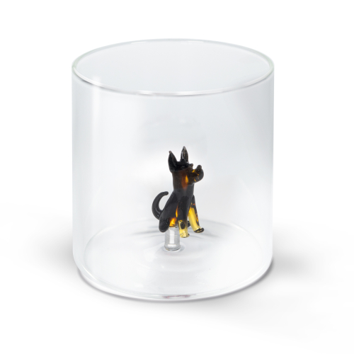 Bicchiere in vetro borosilicato. Capacità 250 ml. Decoro pastore tedesco.