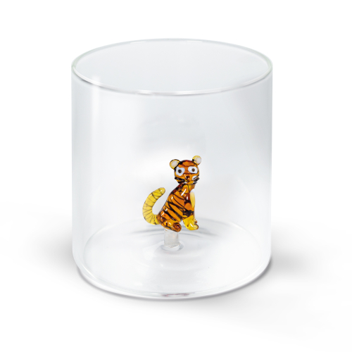 Bicchiere in vetro borosilicato. Capacità 250 ml. Decoro gatto tigrato.
