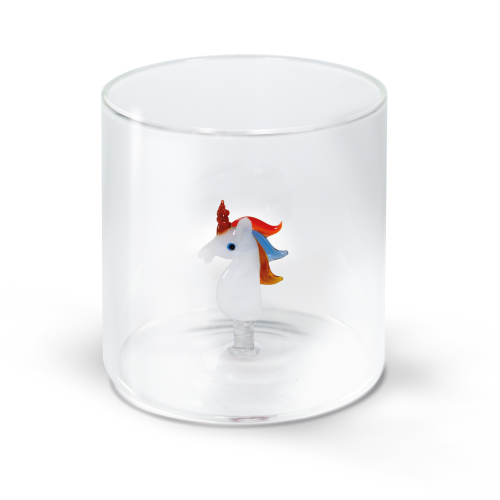 Bicchiere in vetro borosilicato. Capacità 250 ml. Decoro unicorno.