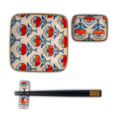 Set of 2 small plates, 2 small bowls and 2 set of chopsticks. Red decor.
