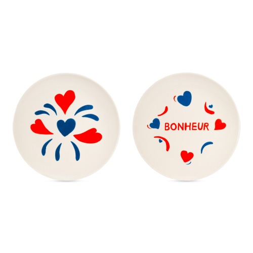 Set 2 piattini Ø  21 cm in stoneware. Decoro bonheur.