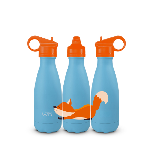 Bottiglia termica in acciao inox. Capacità 260 ml. Decoro volpe.