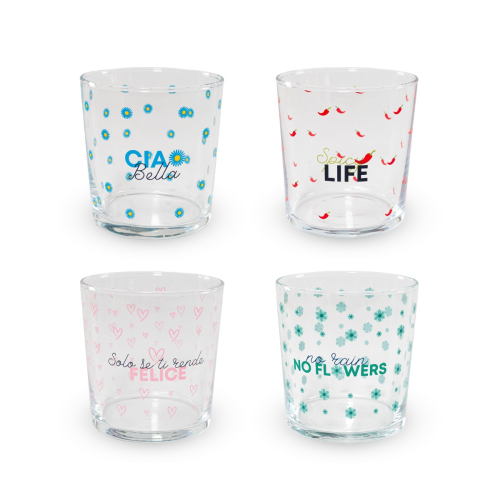 Set 4 bicchieri in vetro. Decoro Scritte colorate