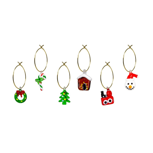 Set 6 anellini segnaposto con decori natalizi in vetro colorato
