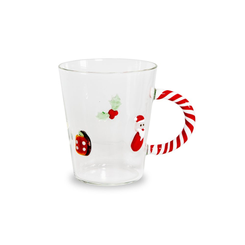 Tazza in vetro 425 ml con manico candy cane. Decoro BABBO NATALE.