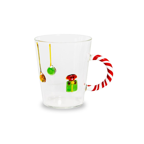 Tazza in vetro 425 ml con manico candy cane. Decoro CANE NATALIZIO.
