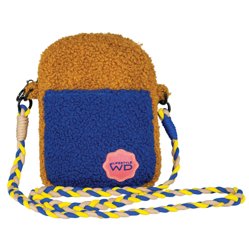 Borsa a tracolla in tessuto effetto bouclé. Colori SENAPE E BLU.
